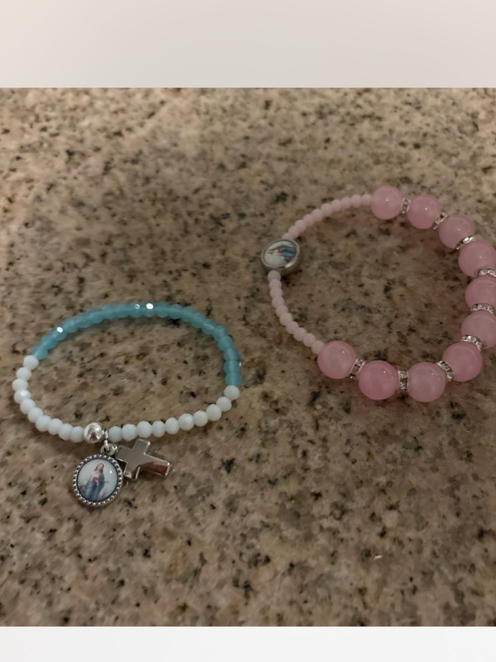 Pink and Teal Set Beaded Stretch Rosary Bracelet with Religious Medal